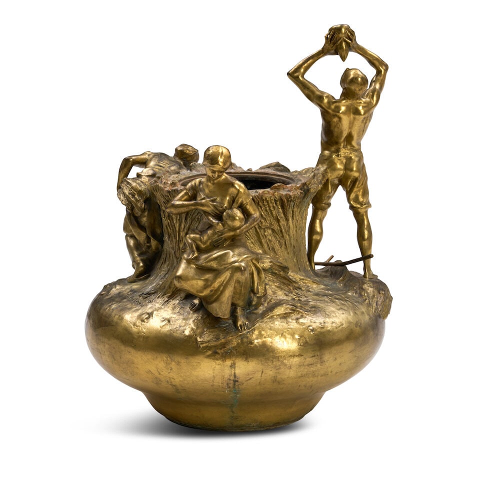 ANTONIN LARROUX (1859-1937) 'LES BLES MOISSONS' FIGURAL VASE Paris, France, circa 1900, gilt bro...: ANTONIN LARROUX (1859-1937) 'LES BLES MOISSONS' FIGURAL VASE Paris, France, circa 1900, gilt bronze, molded signature 'A. Larroux,' ht. 20, approx. dia. 15 in. For further information on this lot plea