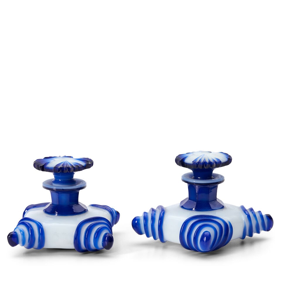 PAIR OF PERFUME BOTTLES ATTRIBUTED TO BACCARAT mid-19th century, cobalt blue and opaline overlay... (1 of 3)