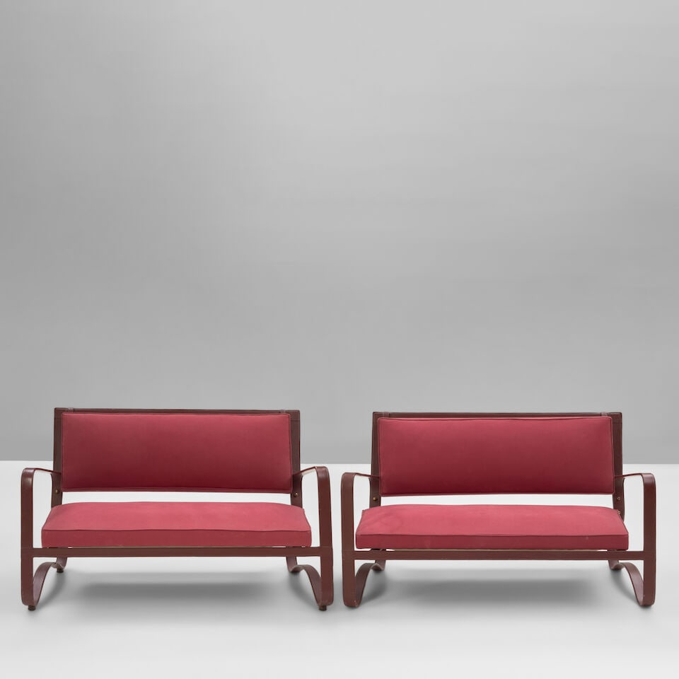 PAIR OF JACQUES ADNET (1900-1984) SETTEES France, circa 1950, leather over steel, upholstery, u... - 3