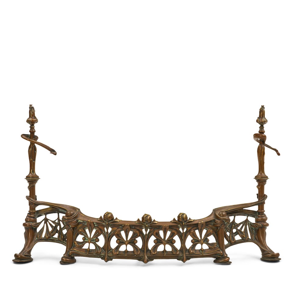 JOSEPH EDMOND LOUIS DUTHOIT (1868-1931) ART NOUVEAU FIREPLACE FENDER France, circa 1904, patinat...: JOSEPH EDMOND LOUIS DUTHOIT (1868-1931) ART NOUVEAU FIREPLACE FENDER France, circa 1904, patinated bronze, signed 'L. Duthoit' and with indistinct foundry mark, ht. 27, wd. 37, dp. 9 in. Footnotes: An