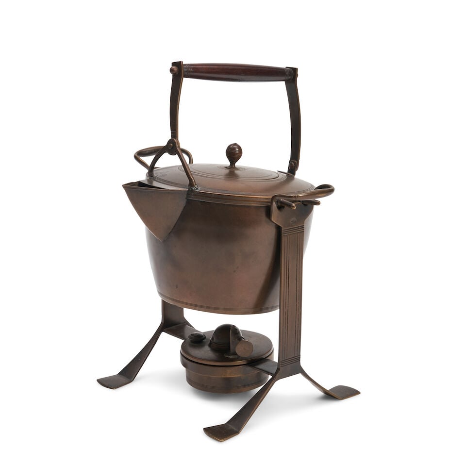 JAN EISENLOEFFEL (1876-1957) FOR DE WONING KETTLE ON BURNER The Netherlands, circa 1900, brass,...: JAN EISENLOEFFEL (1876-1957) FOR DE WONING KETTLE ON BURNER The Netherlands, circa 1900, brass, wood handle, impressed stamp artist's monogram on spout, kettle ht. 9, dia. 6 1/2, including handle tota