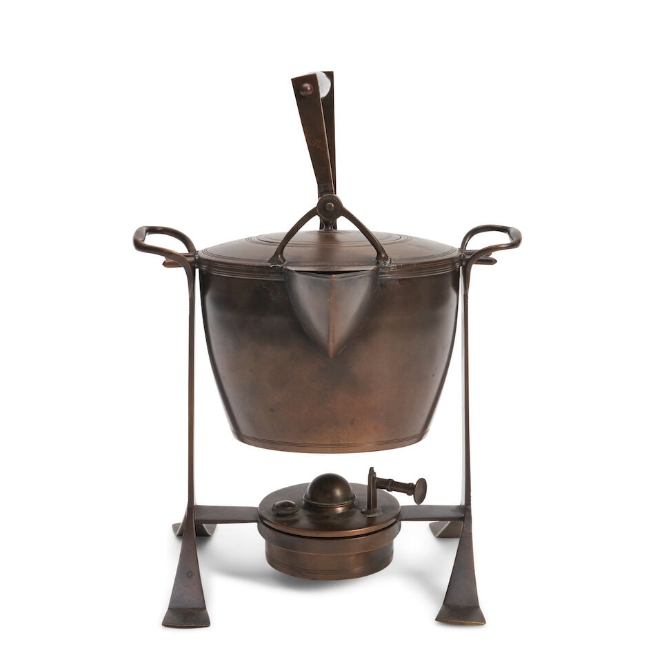 JAN EISENLOEFFEL (1876-1957) FOR DE WONING KETTLE ON BURNER The Netherlands, circa 1900, brass,... - 2