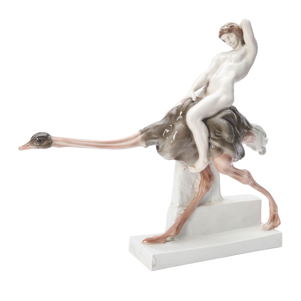 FERDINAND LIEBERMANN (1883-1941) FOR ROSENTHAL 'OSTRICH RIDE' Germany, circa 1925, glazed cerami...: FERDINAND LIEBERMANN (1883-1941) FOR ROSENTHAL 'OSTRICH RIDE' Germany, circa 1925, glazed ceramic, impressed artist's signature 'Ferd. Liebermann,' green ink stamp mark 'Rosenthal Selb-Bavaria,' ht. 1