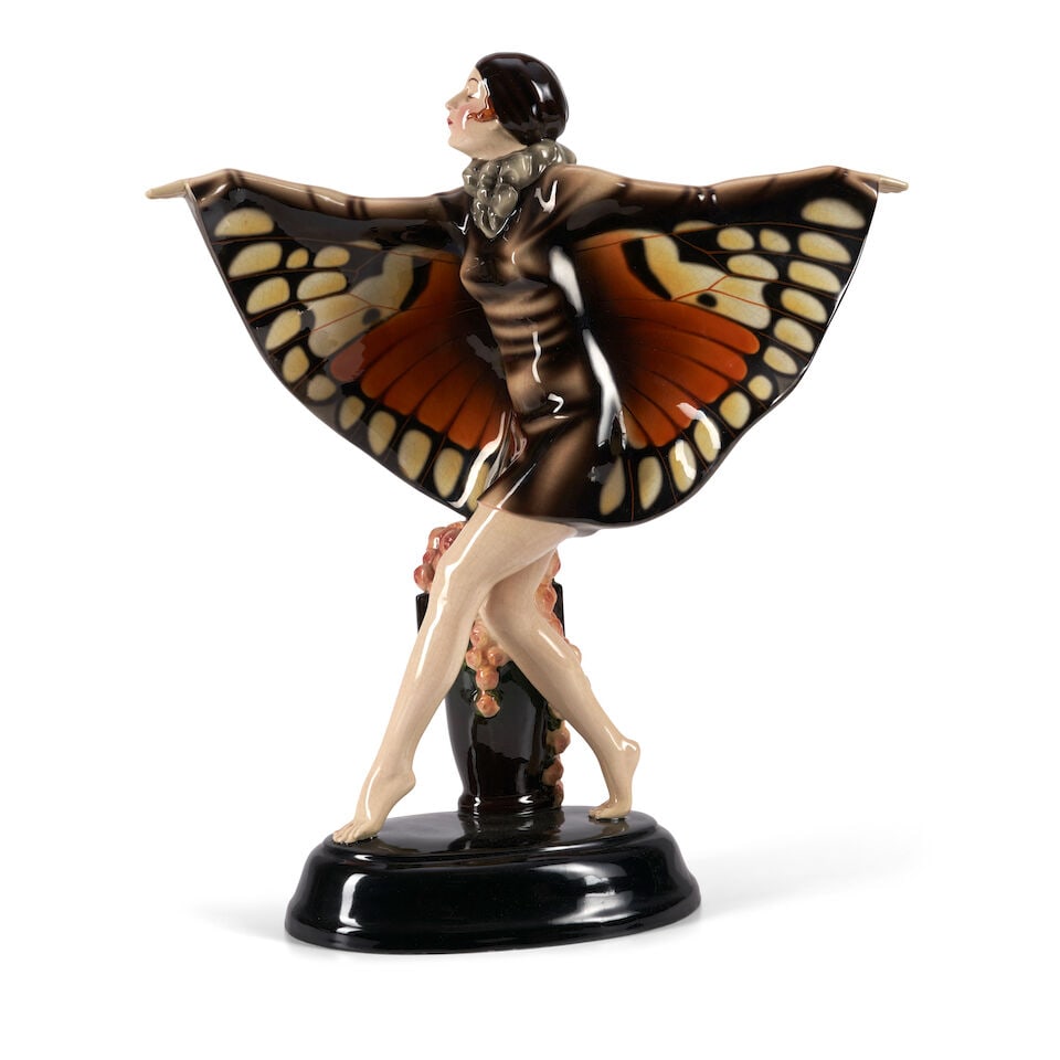 JOSEF LORENZL (1892-1950) FOR GOLDSCHEIDER 'BUTTERFLY DANCER' Vienna, Austria, circa 1925, polyc...: JOSEF LORENZL (1892-1950) FOR GOLDSCHEIDER 'BUTTERFLY DANCER' Vienna, Austria, circa 1925, polychrome glazed ceramic, molded artist's signature, impressed stamp mark '5230 2809 10' and ink stamp marks