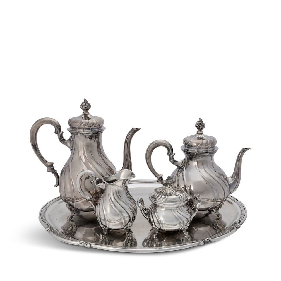 FOUR-PIECE WILHELM BINDER COFFEE AND TEA SERVICE WITH TRAY Germany, 20th century .835 silver, sp... (1 of 1)