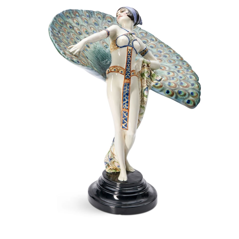 PAUL PHILIPPE (1870-1930) FOR GOLDSCHEIDER 'PEACOCK DANCER' Vienna, Austria, circa 1925, polychr...: PAUL PHILIPPE (1870-1930) FOR GOLDSCHEIDER 'PEACOCK DANCER' Vienna, Austria, circa 1925, polychrome glazed ceramic, molded artist's signature, molded mark '4' ink stamp mark 'Made in Austria' and Gold