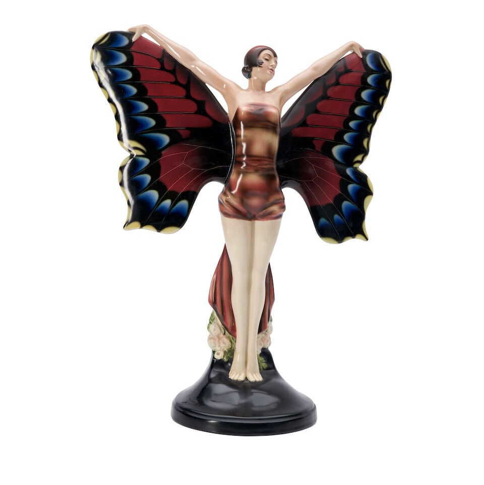 JOSEF LORENZL (1892-1950) FOR GOLDSCHEIDER 'BUTTERFLY DANCER' Vienna, Austria, circa 1925, polyc...: JOSEF LORENZL (1892-1950) FOR GOLDSCHEIDER 'BUTTERFLY DANCER' Vienna, Austria, circa 1925, polychrome glazed ceramic, impressed stamp mark '5340 89 15' and ink stamp marks 'Made in Austria, Hand-Decor