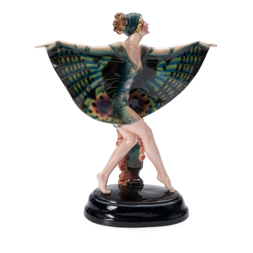 JOSEF LORENZL (1892-1950) FOR GOLDSCHEIDER 'BUTTERFLY DANCER' Vienna, Austria, circa 1925, polyc...: JOSEF LORENZL (1892-1950) FOR GOLDSCHEIDER 'BUTTERFLY DANCER' Vienna, Austria, circa 1925, polychrome glazed ceramic, molded artist's signature, impressed stamp mark '5434 135 12' and ink stamp marks 