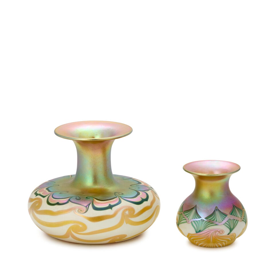 TWO QUEZAL VASES Queens, New York, early 20th century, blown glass with pulled design, both mark... (1 of 6)
