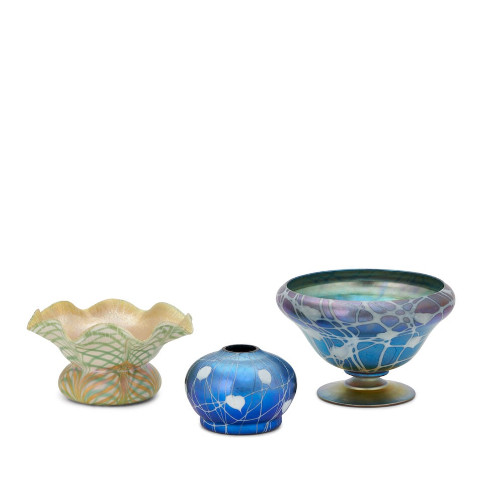 TWO VICTOR DURAND JR. (1870-1931) 'HEART AND VINE' VASES AND A QUEZAL BOWL the Durand Millville... (1 of 7)