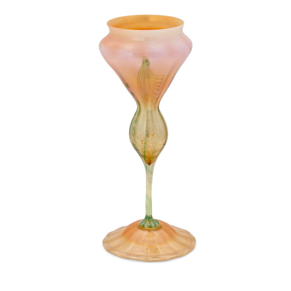 TIFFANY STUDIOS FLORIFORM VASE New York, New York, early 20th century, Favrile glass, pulled-fea...: TIFFANY STUDIOS FLORIFORM VASE New York, New York, early 20th century, Favrile glass, pulled-feather decoration, incised mark 'L.C.T. T324,' ht. 11 5/8 in. For further information on this lot please v