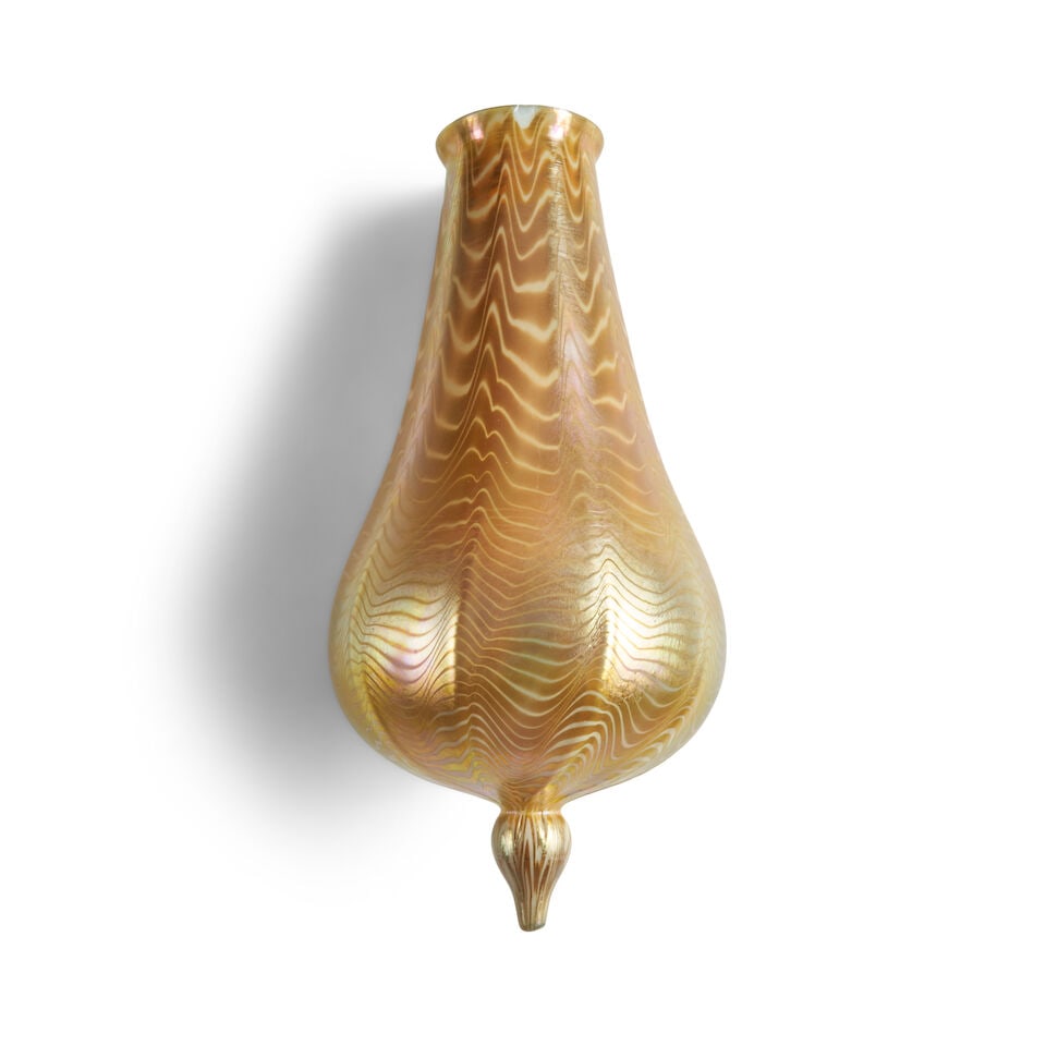 TIFFANY STUDIOS GOLD FAVRILE 'STALACTITE' HANGING SHADE New York, New York, early 20th century, ...: TIFFANY STUDIOS GOLD FAVRILE 'STALACTITE' HANGING SHADE New York, New York, early 20th century, incised mark 'L.C.T. Favrile,' fitter rim dia. 2 1/4, lg. 10 in. Footnotes: Literature Duncan, Alastair,