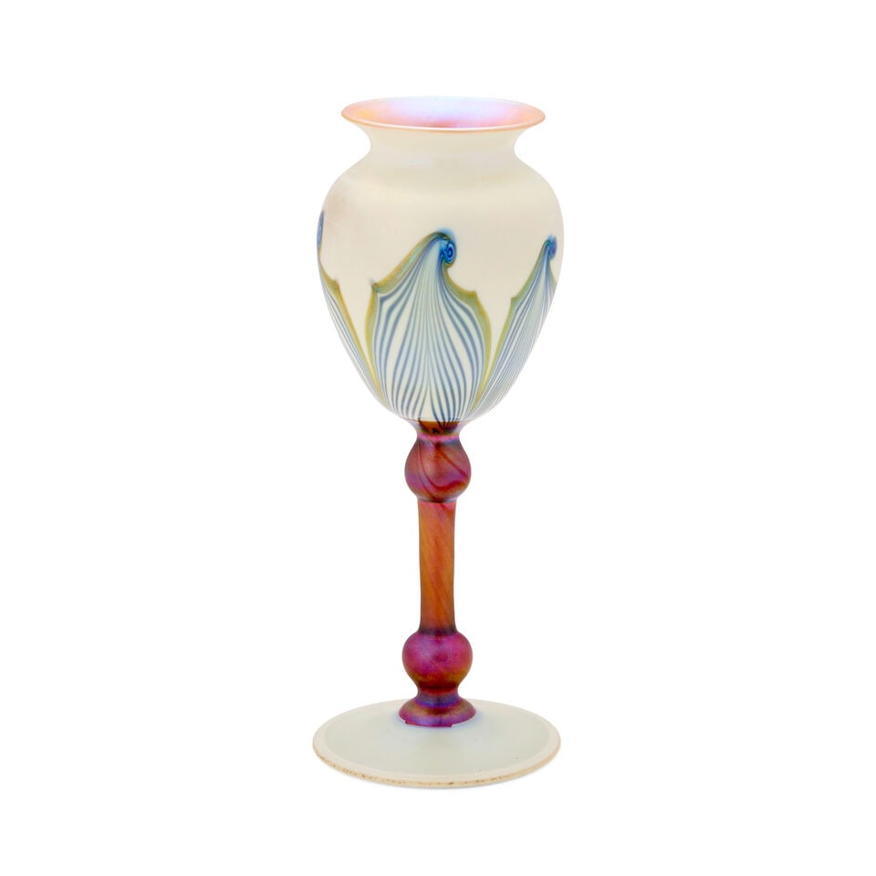 VICTOR DURAND JR. (1870-1931) FOOTED VASE Millville, New Jersey, circa 1925, pulled-feather deco...: VICTOR DURAND JR. (1870-1931) FOOTED VASE Millville, New Jersey, circa 1925, pulled-feather decoration, glaze mark 'V Durand 20165-8,' ht. 7 5/8 in. For further information on this lot please visit Bo