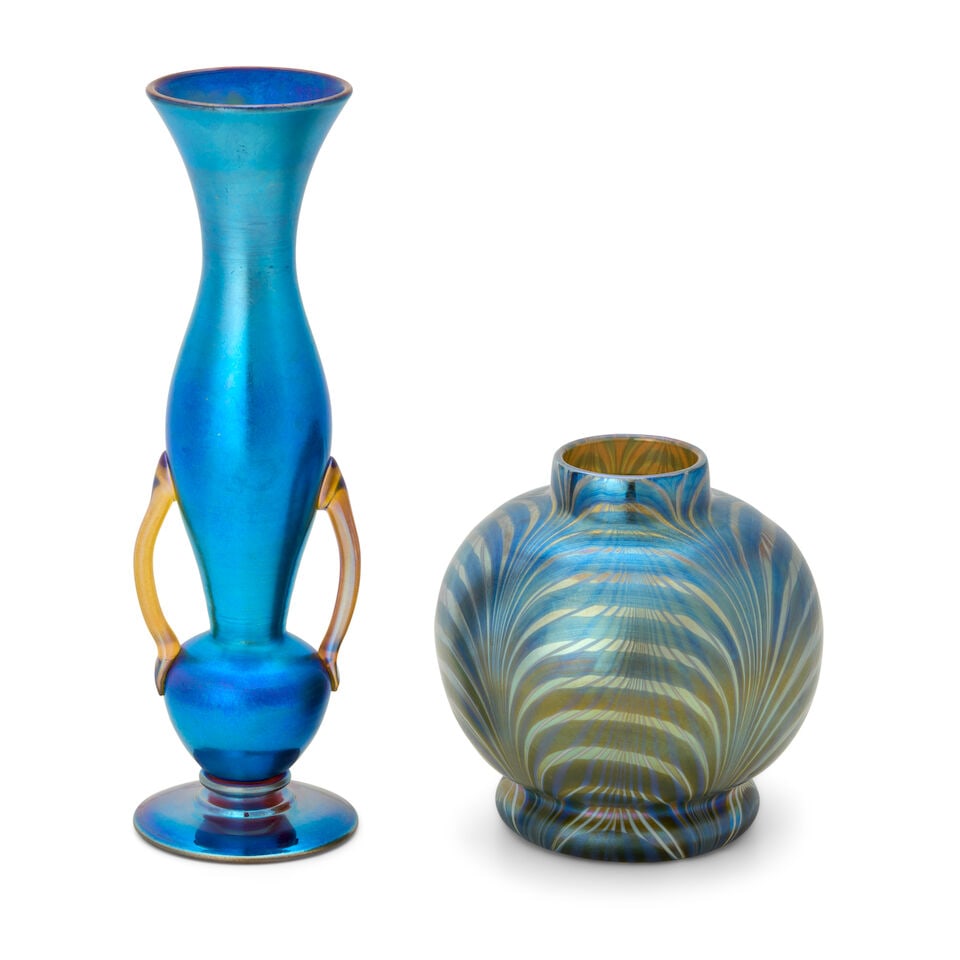 TWO VICTOR DURAND JR. (1870-1931) LUSTRE WARE VASES Millville, New Jersey, circa 1925, both unma...: TWO VICTOR DURAND JR. (1870-1931) LUSTRE WARE VASES Millville, New Jersey, circa 1925, both unmarked, ht. 6 1/4 and 11 3/4 in. For further information on this lot please visit Bonhams.com For further 