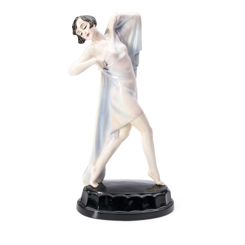 JOSEF LORENZL (1892-1950) FOR KERAMOS ART DECO DANCER Vienna, Austria, circa 1925, polychrome gl...: JOSEF LORENZL (1892-1950) FOR KERAMOS ART DECO DANCER Vienna, Austria, circa 1925, polychrome glazed ceramic, ink stamp mark 'KWK [for Wiener Kunst-Keramik] Keramos' and 'Made in Austria,' signed 'Lor