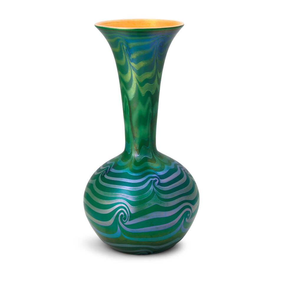 VICTOR DURAND JR. (1870-1931) 'KING TUT' VASE Millville, New Jersey, circa 1930, blown glass, ma...: VICTOR DURAND JR. (1870-1931) 'KING TUT' VASE Millville, New Jersey, circa 1930, blown glass, mark 'Durand 1716-16,' ht. 16 1/2 in. For further information on this lot please visit Bonhams.com For fur