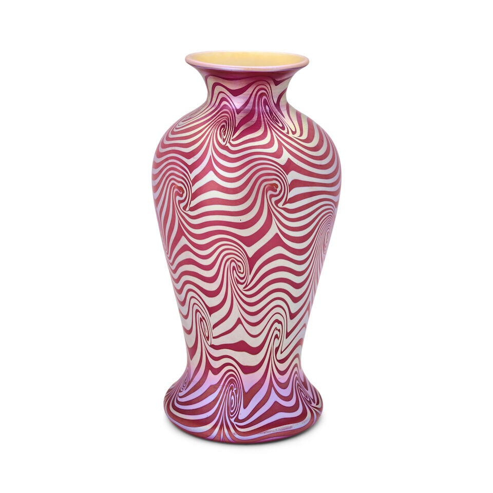 VICTOR DURAND JR. (1870-1931) 'KING TUT' VASE Millville, New Jersey, circa 1930, blown glass, un...: VICTOR DURAND JR. (1870-1931) 'KING TUT' VASE Millville, New Jersey, circa 1930, blown glass, unmarked, ht. 12 5/8 in. For further information on this lot please visit Bonhams.com For further informat