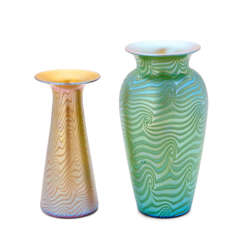 TWO VICTOR DURAND JR. (1870-1931) 'KING TUT' VASES Millville, New Jersey, circa 1930, blown glas... (1 of 5)