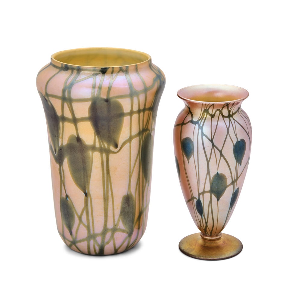 TWO VICTOR DURAND JR. (1870-1931) 'HEART AND VINE' VASES Millville, New Jersey, circa 1925, blow... (1 of 5)
