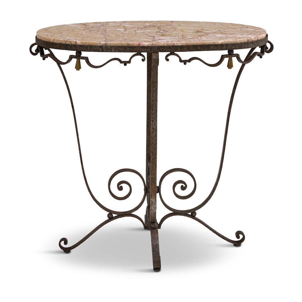 ART DECO SIDE TABLE France, circa 1935, wrought iron, marble, gilt bronze, underside of top with... (1 of 3)
