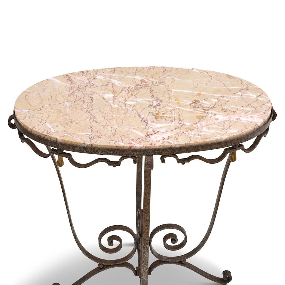 ART DECO SIDE TABLE France, circa 1935, wrought iron, marble, gilt bronze, underside of top with... - 2