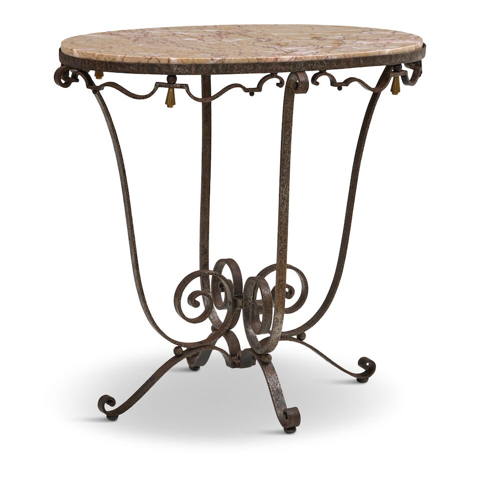 ART DECO SIDE TABLE France, circa 1935, wrought iron, marble, gilt bronze, underside of top with... - 3