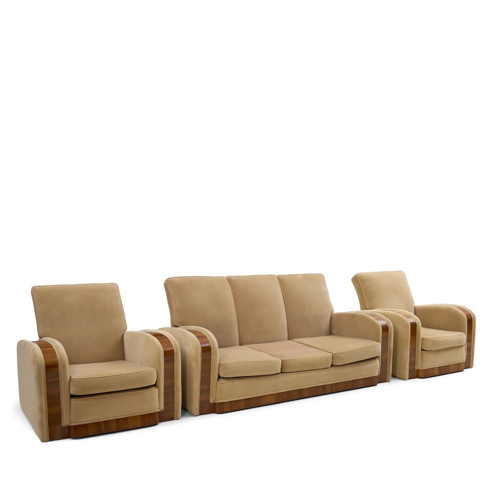 FIVE-PIECE ART DECO SEATING SUITE probably United States, circa 1940, walnut veneer, upholstery,... (1 of 7)