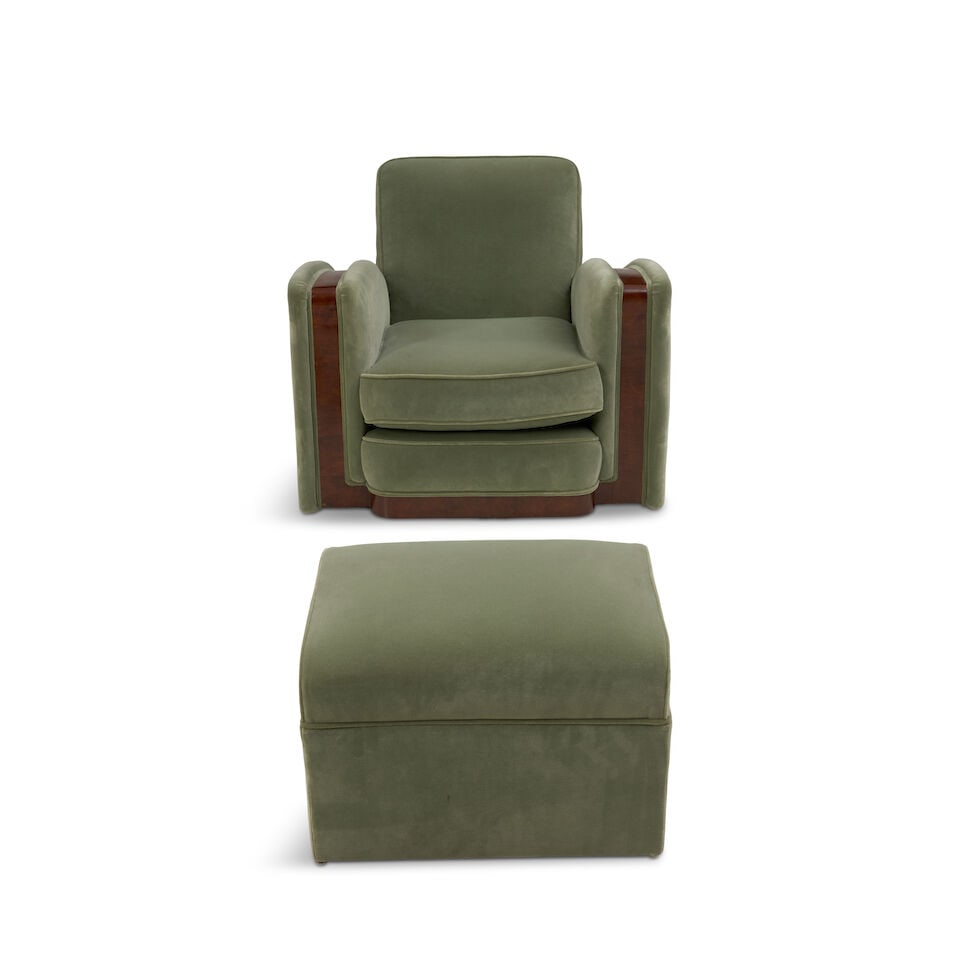 FIVE-PIECE ART DECO SEATING SUITE probably United States, circa 1940, walnut veneer, upholstery,... - 2
