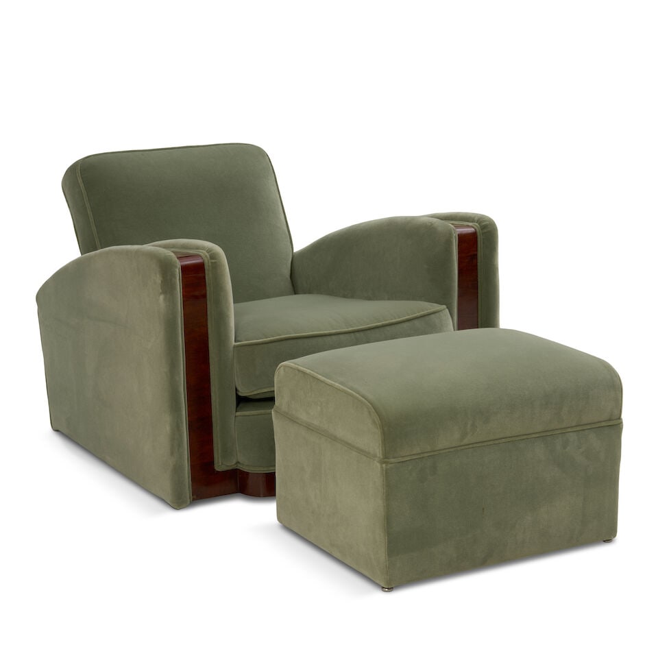 FIVE-PIECE ART DECO SEATING SUITE probably United States, circa 1940, walnut veneer, upholstery,... - 3