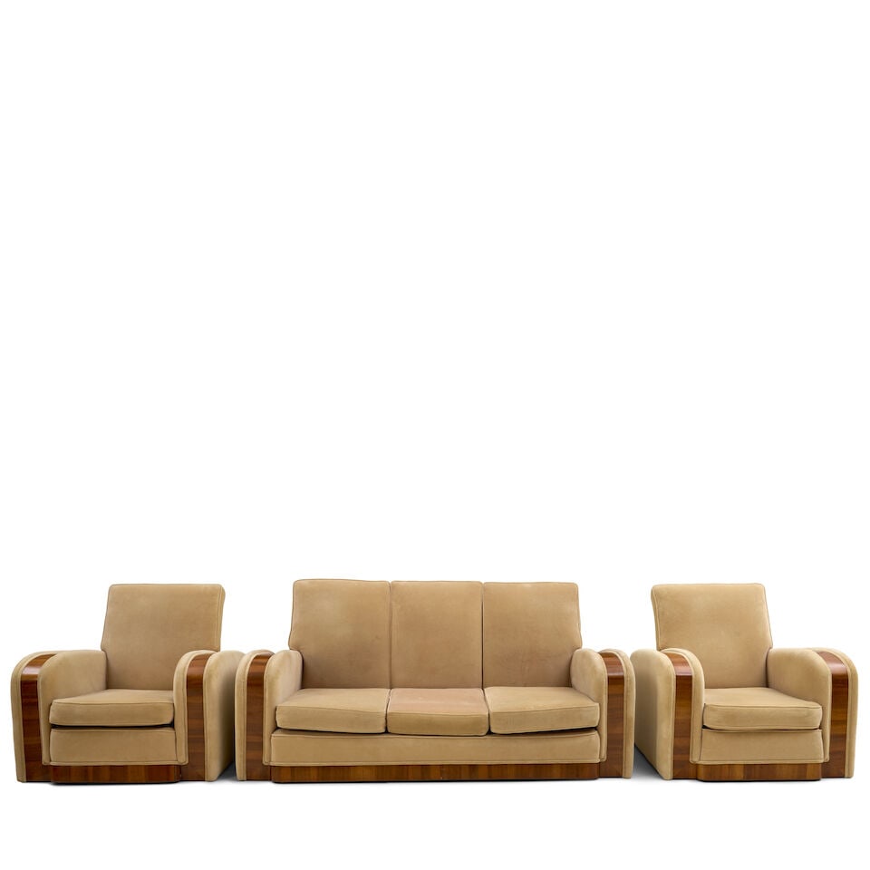 FIVE-PIECE ART DECO SEATING SUITE probably United States, circa 1940, walnut veneer, upholstery,... - 4