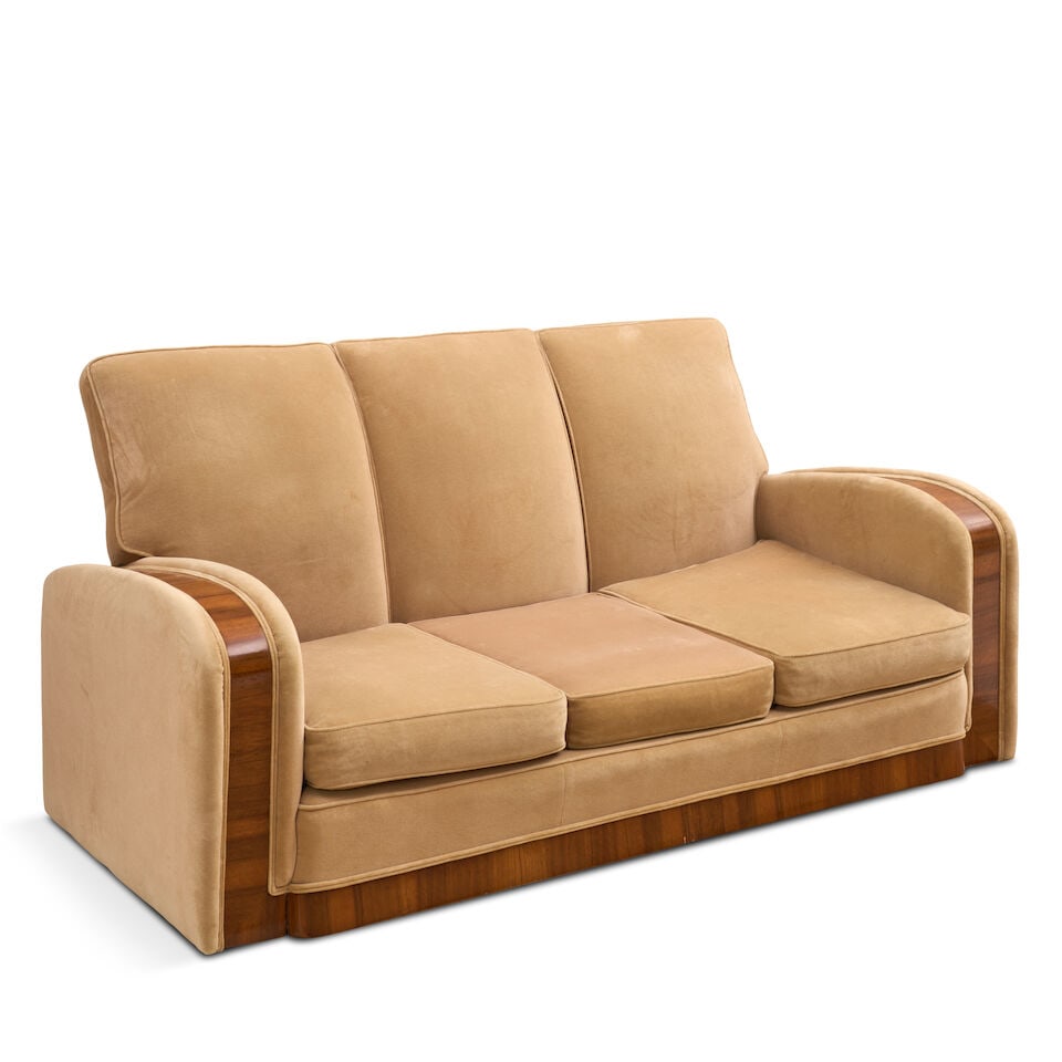 FIVE-PIECE ART DECO SEATING SUITE probably United States, circa 1940, walnut veneer, upholstery,... - 6