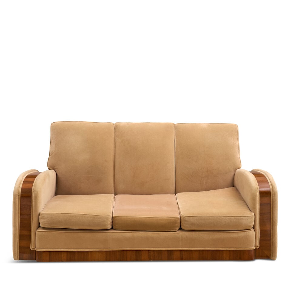 FIVE-PIECE ART DECO SEATING SUITE probably United States, circa 1940, walnut veneer, upholstery,... - 7