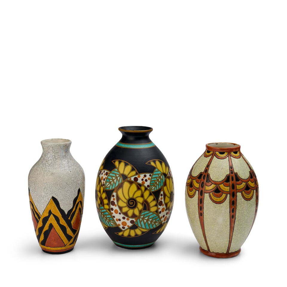 THREE BOCH FRERES KERAMIS VASES Belgium, early 20th century, glazed earthenware, each numbered, ...: THREE BOCH FRERES KERAMIS VASES Belgium, early 20th century, glazed earthenware, each numbered, with various Keramis and Boch Freres marks, vase with black glaze by Charles Catteau, ht. from 11 to 12 