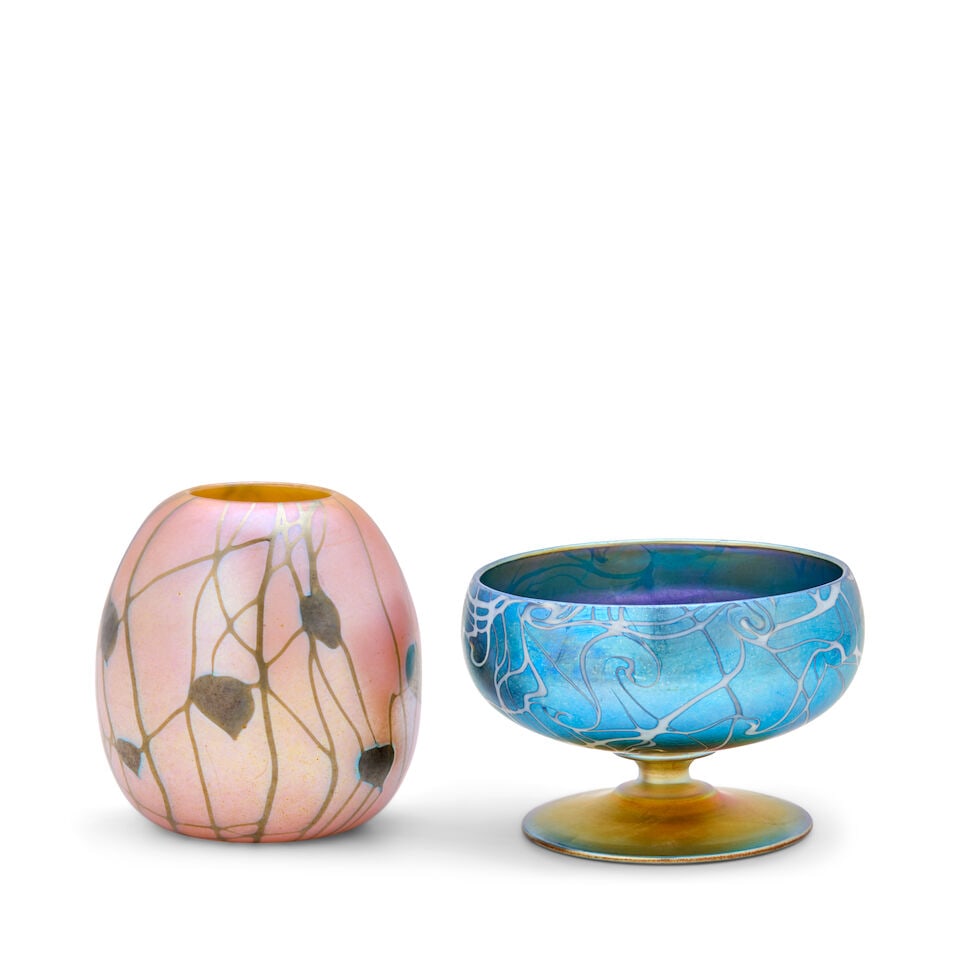 TWO VICTOR DURAND JR. (1870-1931) LUSTRE WARE VASES Millville, New Jersey, circa 1925, blown gla...: TWO VICTOR DURAND JR. (1870-1931) LUSTRE WARE VASES Millville, New Jersey, circa 1925, blown glass, 'Heart and Vine' vase, mark 'V Durand 1995 - 4,' ht. 4, 'Coil' footed bowl, ht. 3, dia. 4 3/4 in. Fo