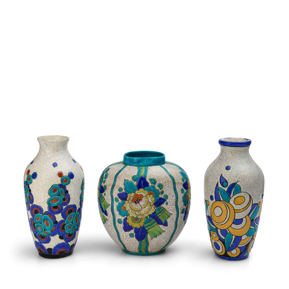THREE BOCH FRERES KERAMIS VASES Belgium, early 20th century, glazed earthenware, each numbered, ...: THREE BOCH FRERES KERAMIS VASES Belgium, early 20th century, glazed earthenware, each numbered, with various Keramis and Boch Freres marks, shortest vase by Charles Catteau, ht. from 9 3/4 to 10 3/4 i