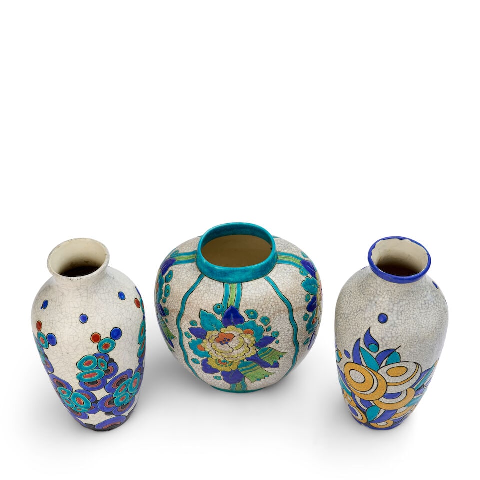 THREE BOCH FRERES KERAMIS VASES Belgium, early 20th century, glazed earthenware, each numbered, ... - 3