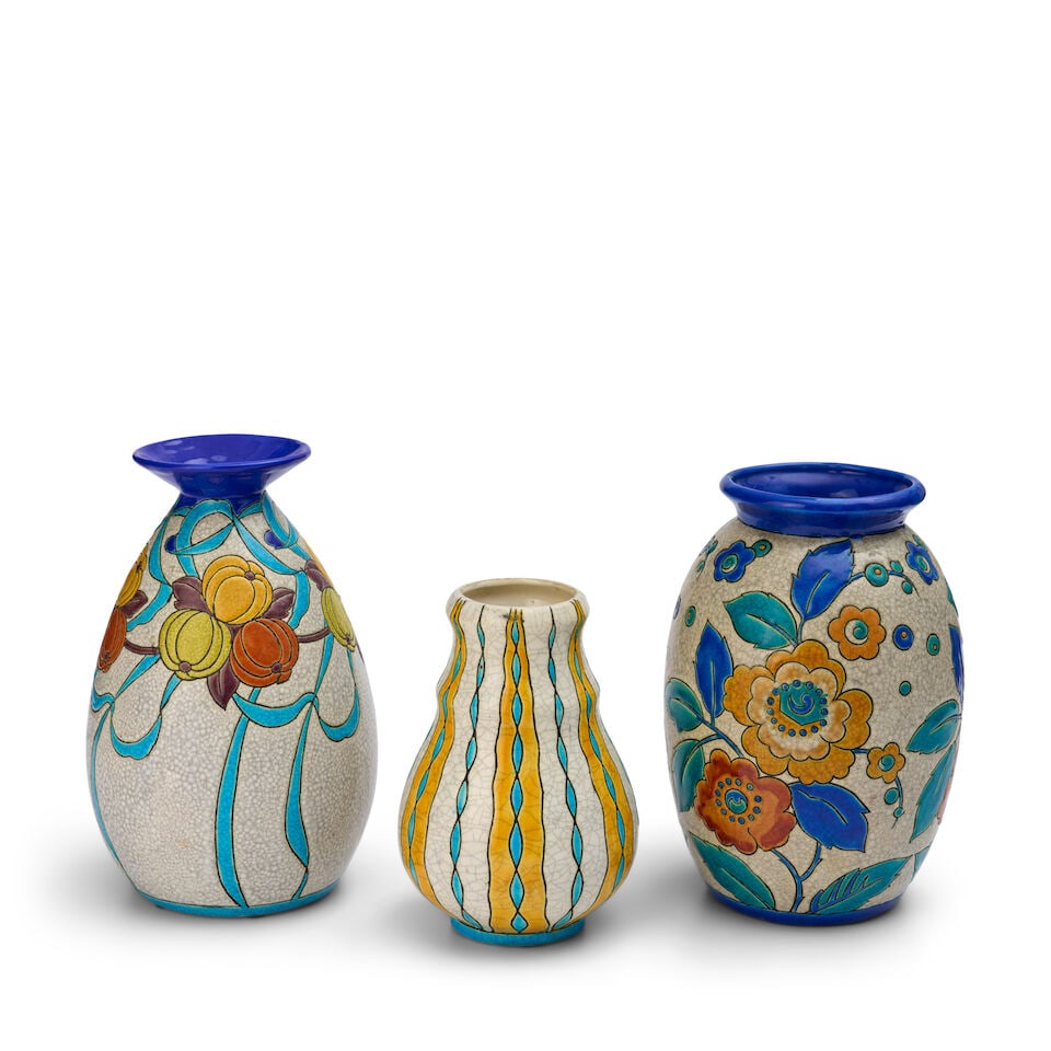 THREE BOCH FRERES KERAMIS VASES Belgium, early 20th century, glazed earthenware, each numbered, ...: THREE BOCH FRERES KERAMIS VASES Belgium, early 20th century, glazed earthenware, each numbered, with various Keramis and Boch Freres marks, shortest vase by Charles Catteau, ht. from 7 1/2 to 10 1/4 i