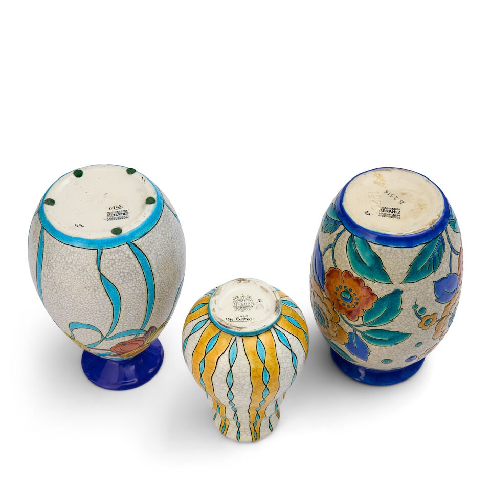 THREE BOCH FRERES KERAMIS VASES Belgium, early 20th century, glazed earthenware, each numbered, ... - 2