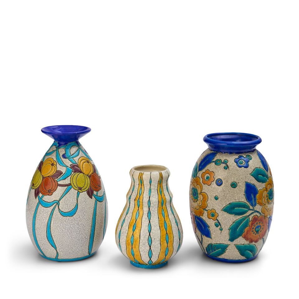 THREE BOCH FRERES KERAMIS VASES Belgium, early 20th century, glazed earthenware, each numbered, ... - 4