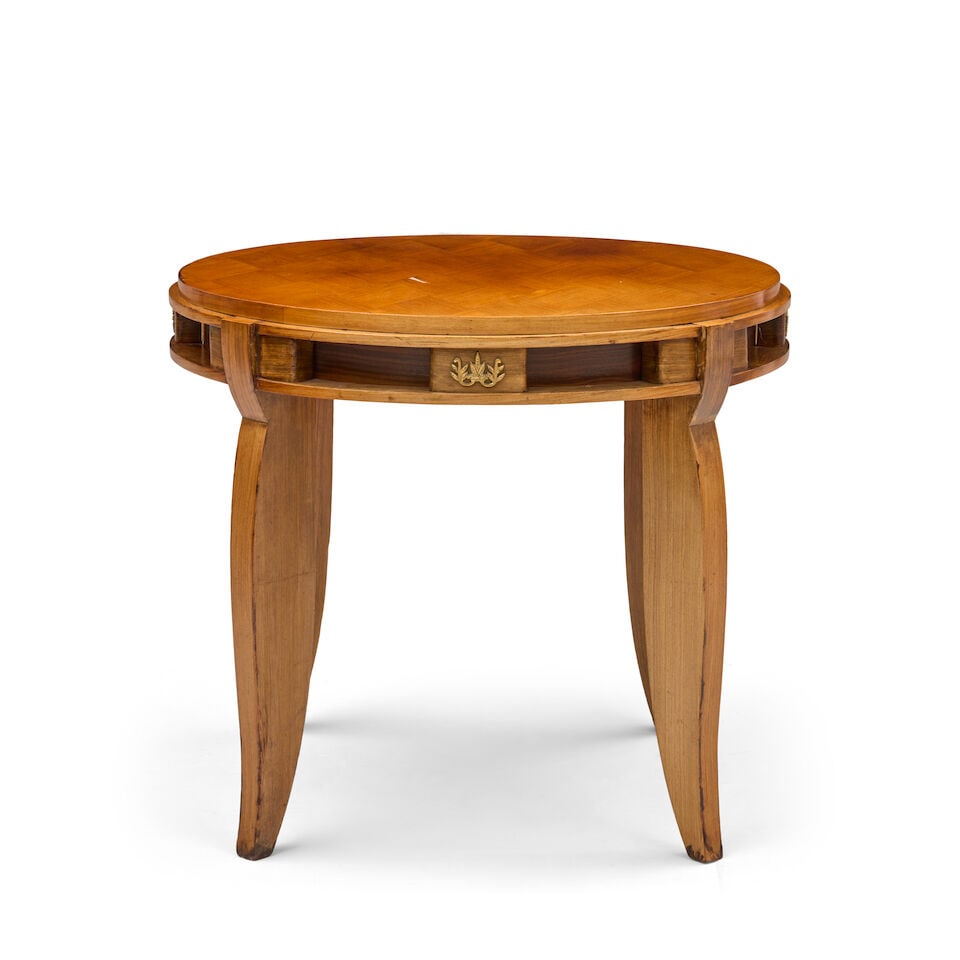 FRENCH ART DECO MARQUETRY TABLE ATTRIBUTED TO JULES LELEU circa 1940, mahogany veneer, gilt bron... (1 of 2)