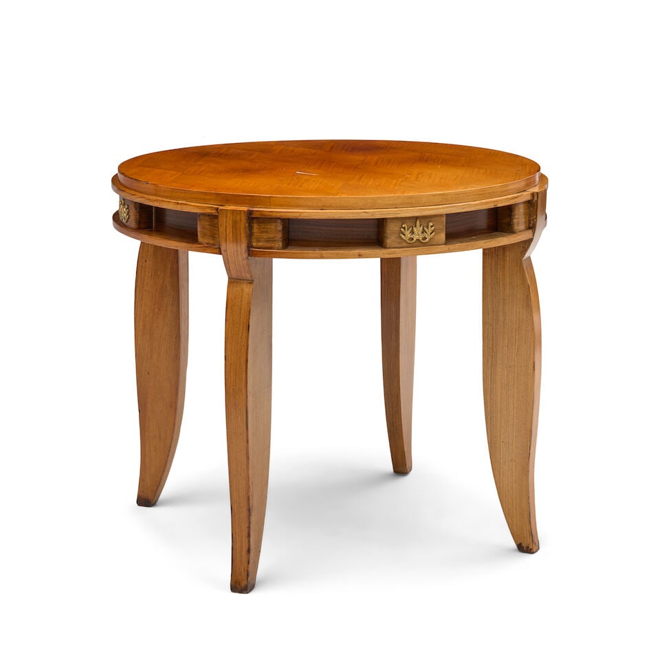 FRENCH ART DECO MARQUETRY TABLE ATTRIBUTED TO JULES LELEU circa 1940, mahogany veneer, gilt bron... - 2