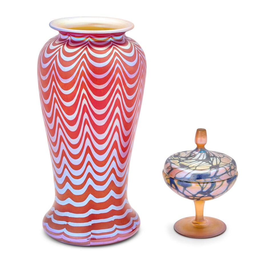 EMIL LARSON (1879-1970) FOR DURAND VASE AND A 'HEARTS AND VINE' COVERED COMPOTE Millville, New ... (1 of 3)