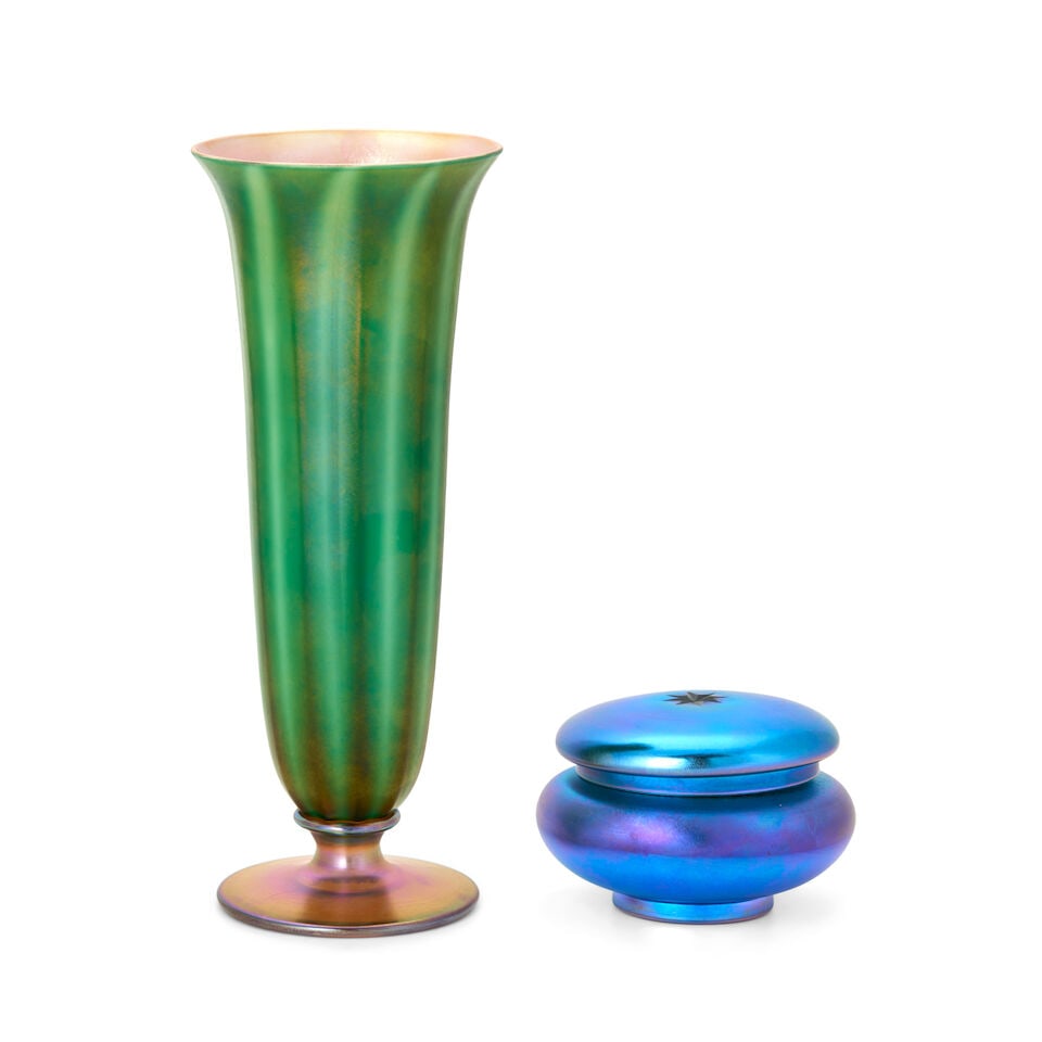 VICTOR DURAND JR. (1870-1931) TRUMPET VASE AND LUSTRE WARE DRESSER BOX Millville, New Jersey, ci...: VICTOR DURAND JR. (1870-1931) TRUMPET VASE AND LUSTRE WARE DRESSER BOX Millville, New Jersey, circa 1925, blown glass, both unmarked, vase, ht. 11 3/4, covered box, ht. 3 1/4, dia. 5 in. For further i