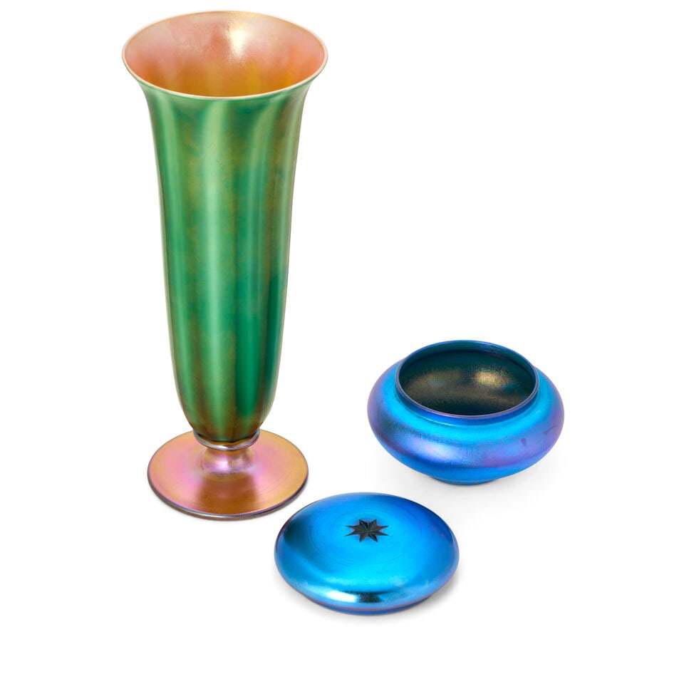 VICTOR DURAND JR. (1870-1931) TRUMPET VASE AND LUSTRE WARE DRESSER BOX Millville, New Jersey, ci... - 5