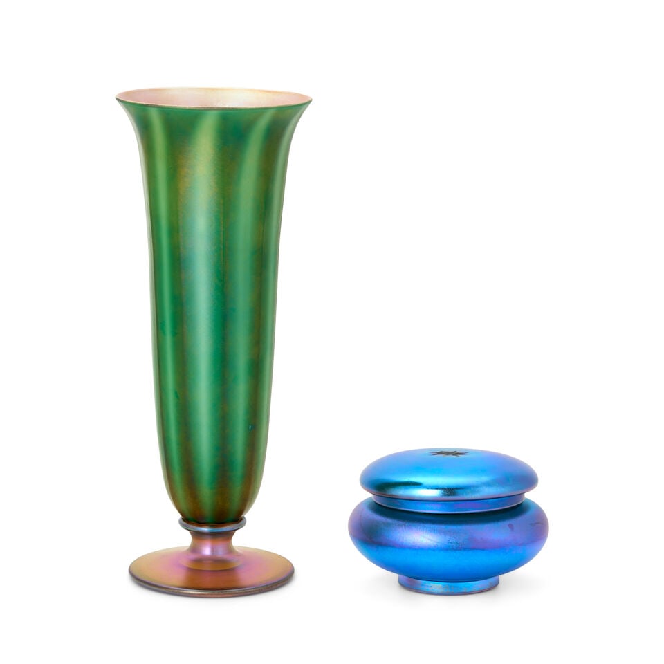 VICTOR DURAND JR. (1870-1931) TRUMPET VASE AND LUSTRE WARE DRESSER BOX Millville, New Jersey, ci... - 6