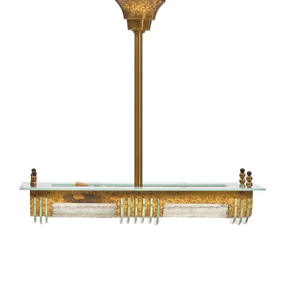 GENET ET MICHON ART DECO CEILING FIXTURE France, circa 1930, acid-etched brass, frosted, polishe... (1 of 3)