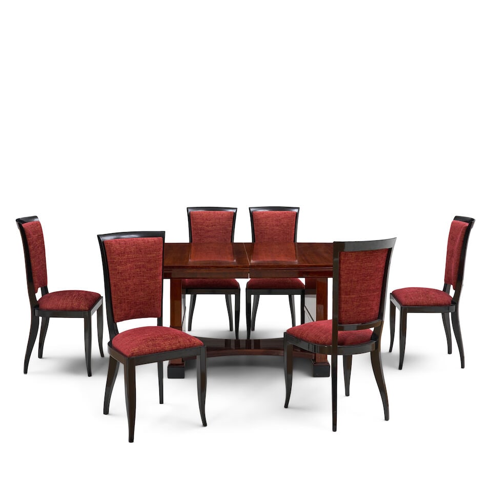 ART DECO DINING TABLE AND SIX CHAIRS United States, circa 1940, mahogany veneer, mahogany, black... (1 of 4)