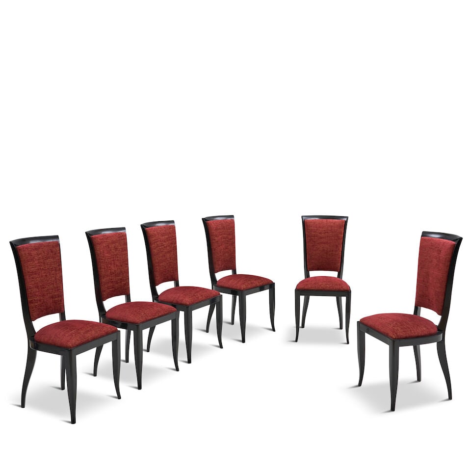 ART DECO DINING TABLE AND SIX CHAIRS United States, circa 1940, mahogany veneer, mahogany, black... - 2