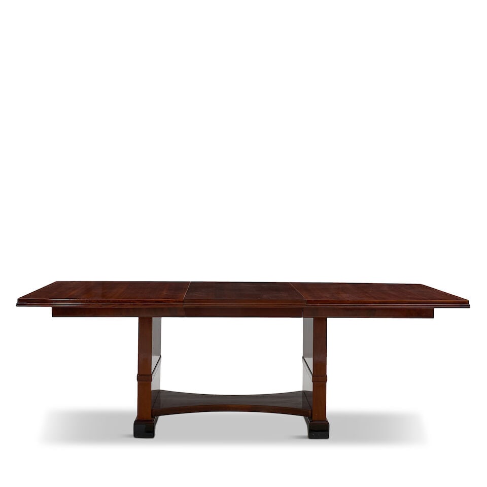 ART DECO DINING TABLE AND SIX CHAIRS United States, circa 1940, mahogany veneer, mahogany, black... - 3