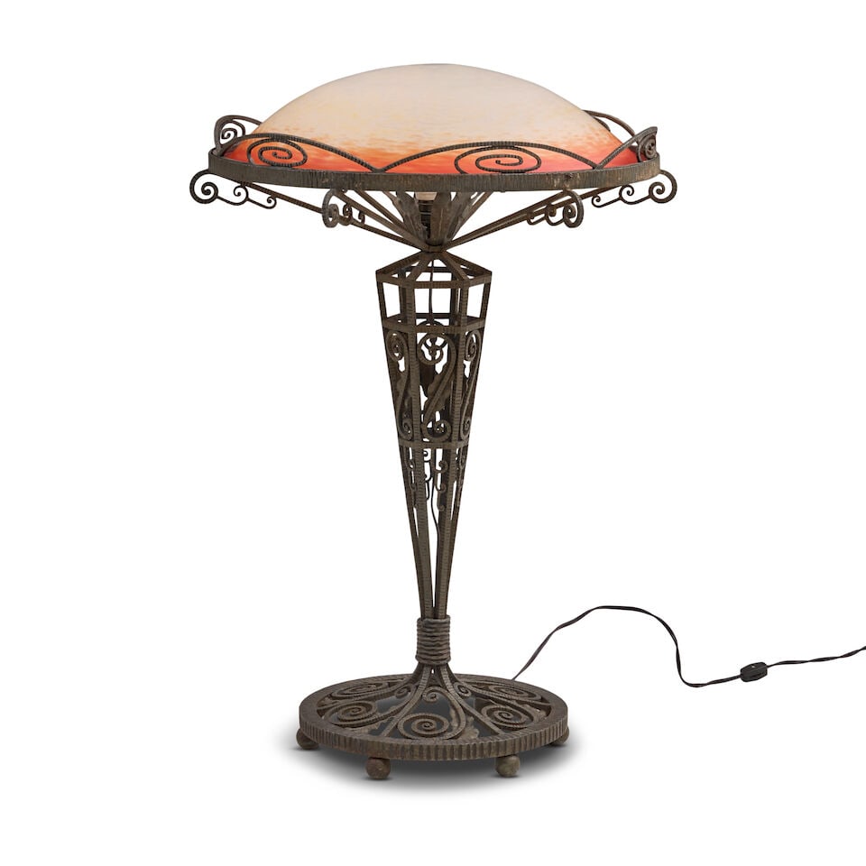 CHARLES SCHNEIDER AND FRANCOIS CARION TABLE LAMP France, circa 1920, wrought iron, art glass, si... (1 of 1)